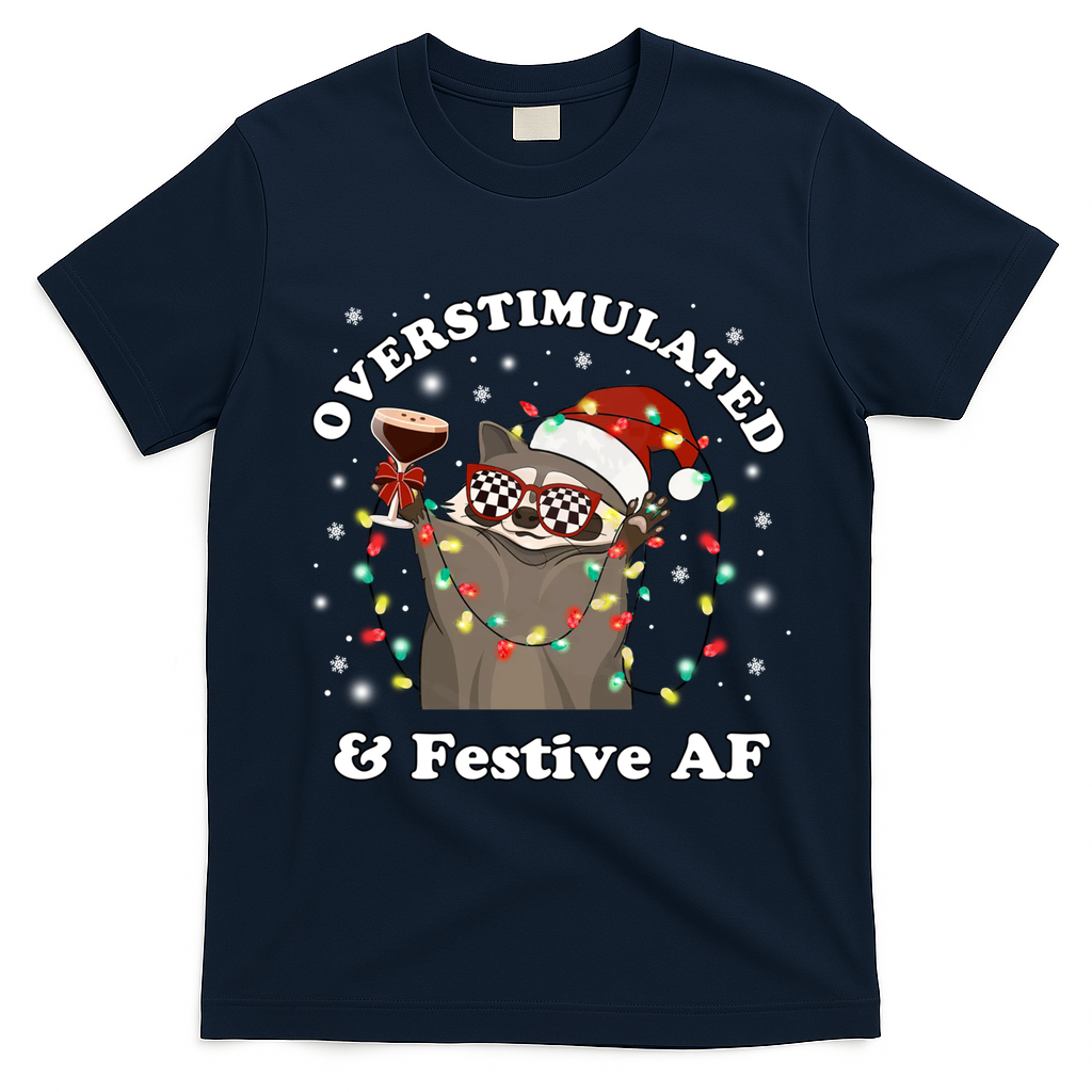 Overstimulated And Festive Af Raccoon Christmas Martini Bow Gift T-Shirt - Navy Blue