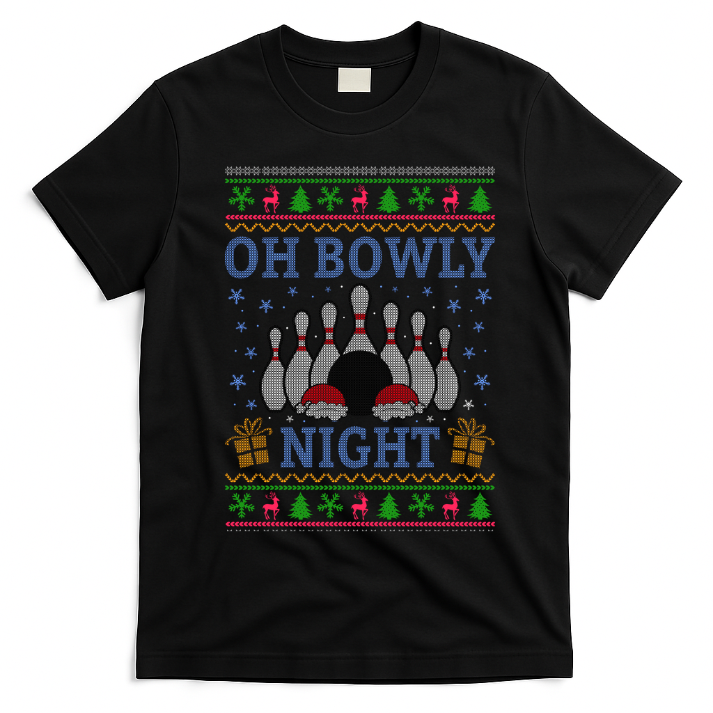 Oh Bowly Night Bowling Ugly Christmas T-Shirt - Black