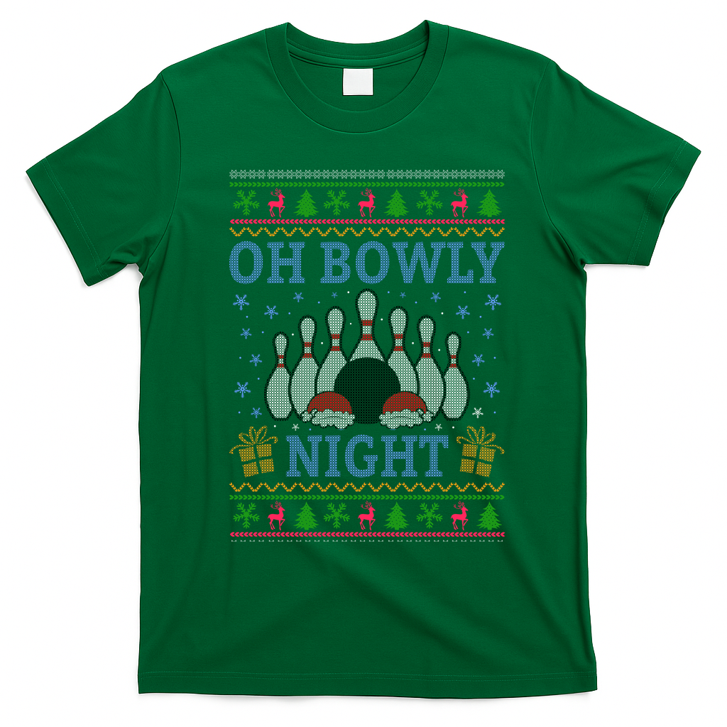 Oh Bowly Night Bowling Ugly Christmas T-Shirt - Irish Green