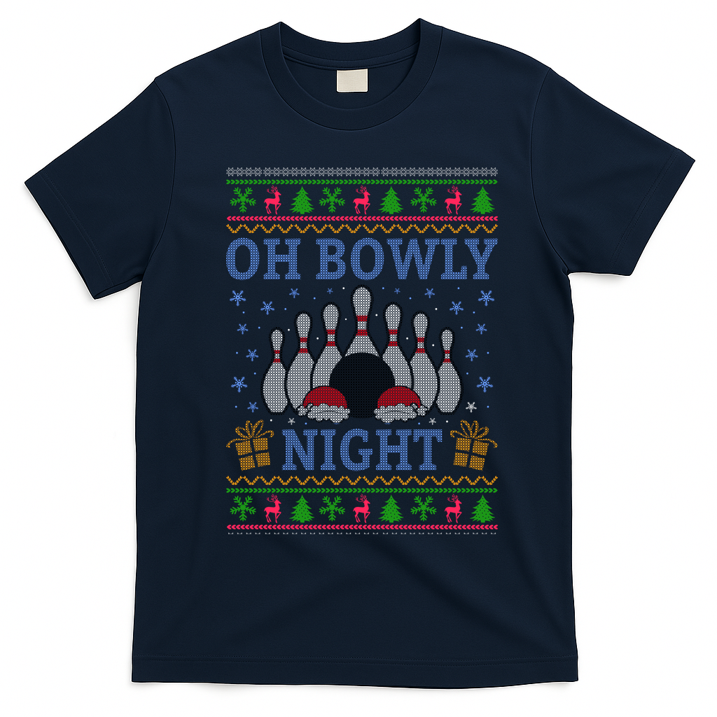 Oh Bowly Night Bowling Ugly Christmas T-Shirt - Navy Blue