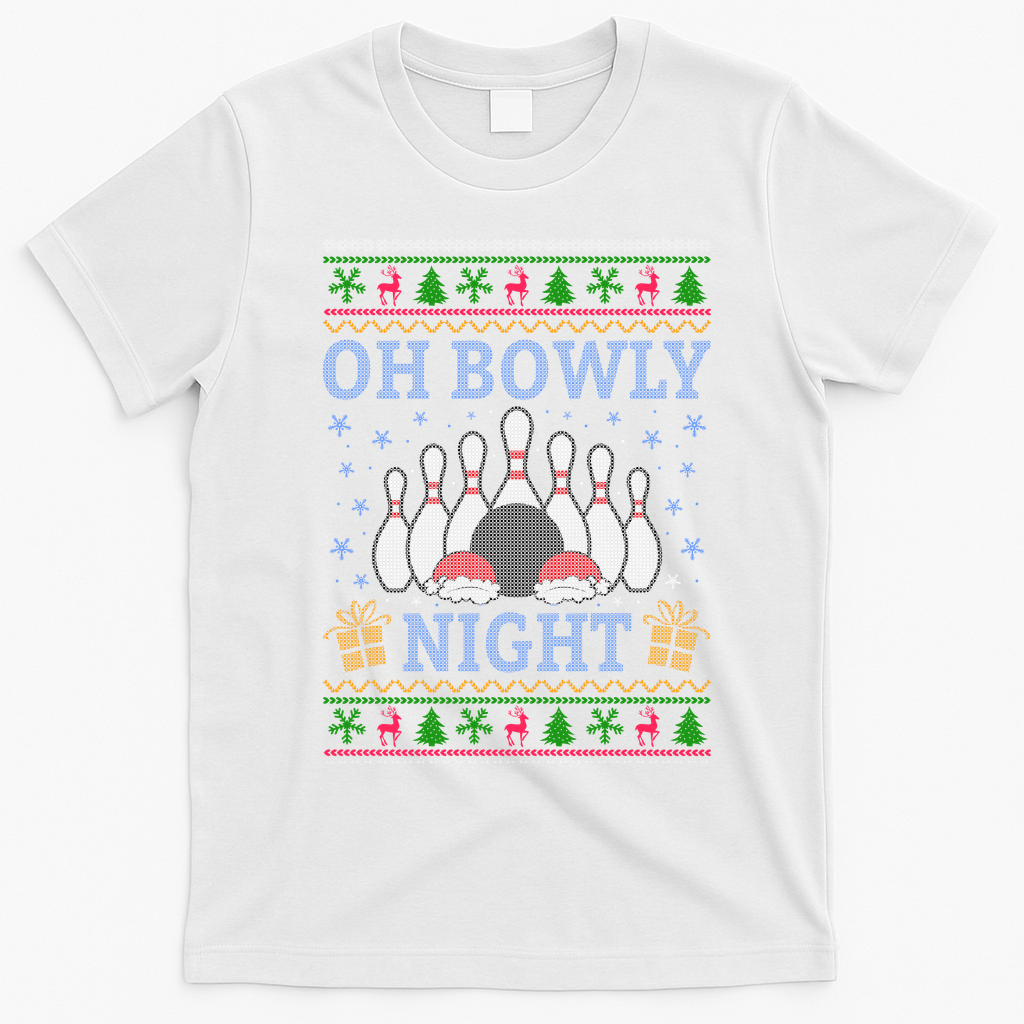 Oh Bowly Night Bowling Ugly Christmas T-Shirt - White