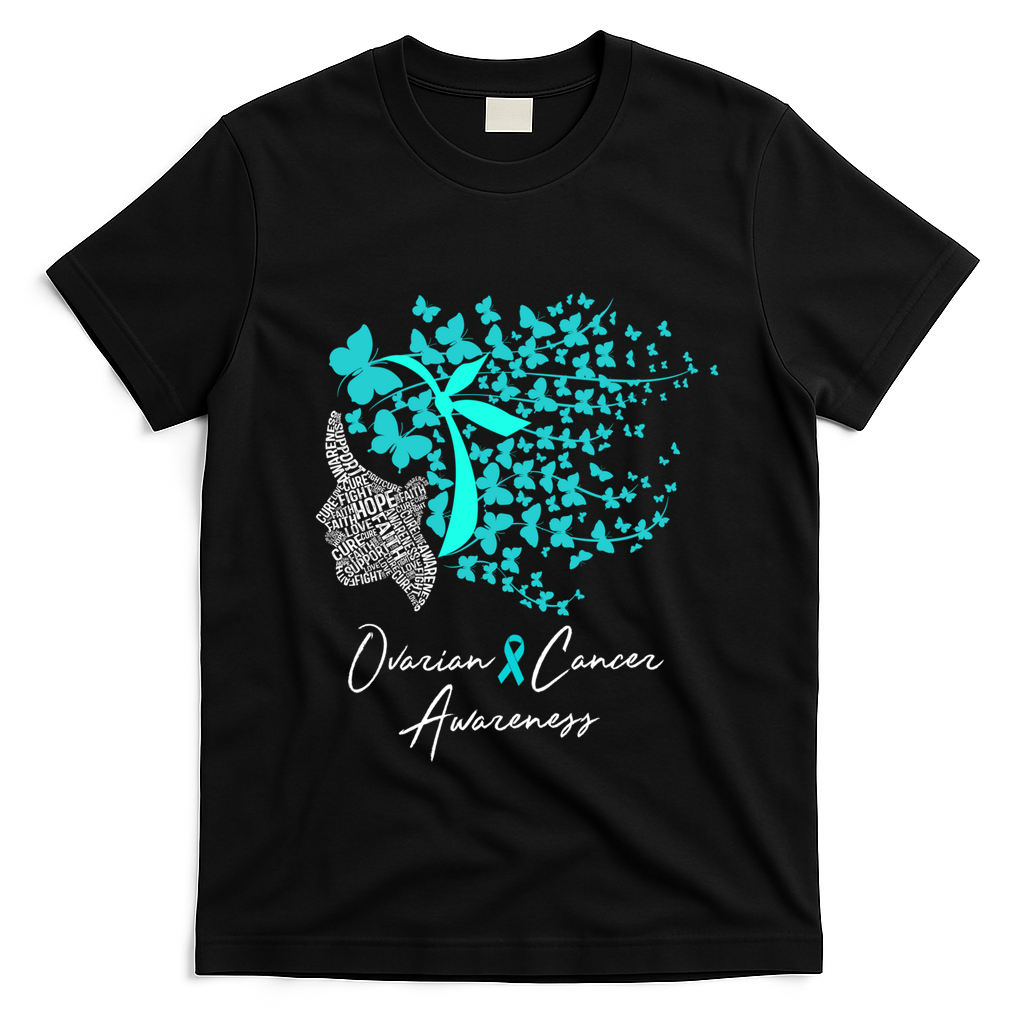 Ovarian Cancer Awareness Teal Butterflies Gift T-Shirt - Black