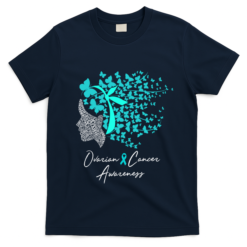 Ovarian Cancer Awareness Teal Butterflies Gift T-Shirt - Navy Blue