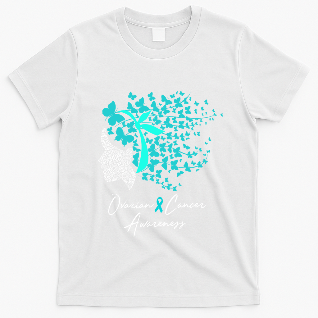 Ovarian Cancer Awareness Teal Butterflies Gift T-Shirt - White