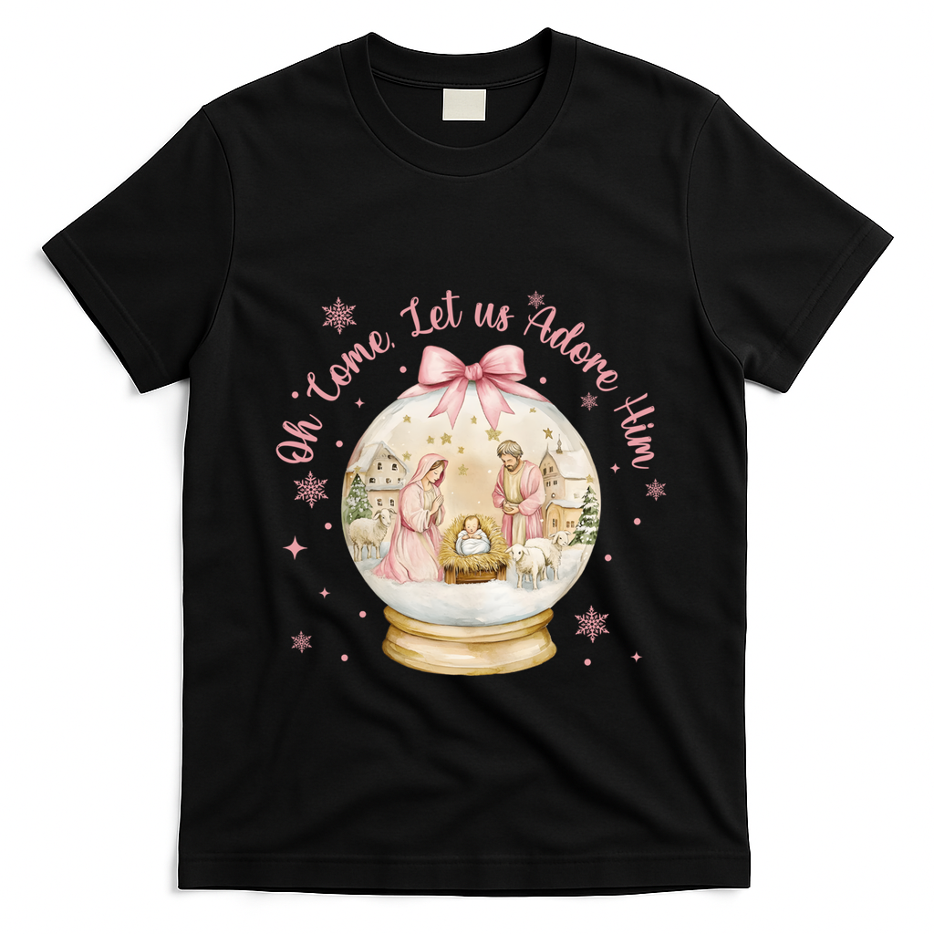 Oh Come Let Us Adore Him Jesus Nativity Scene Coquette Bow Gift T-Shirt - Black