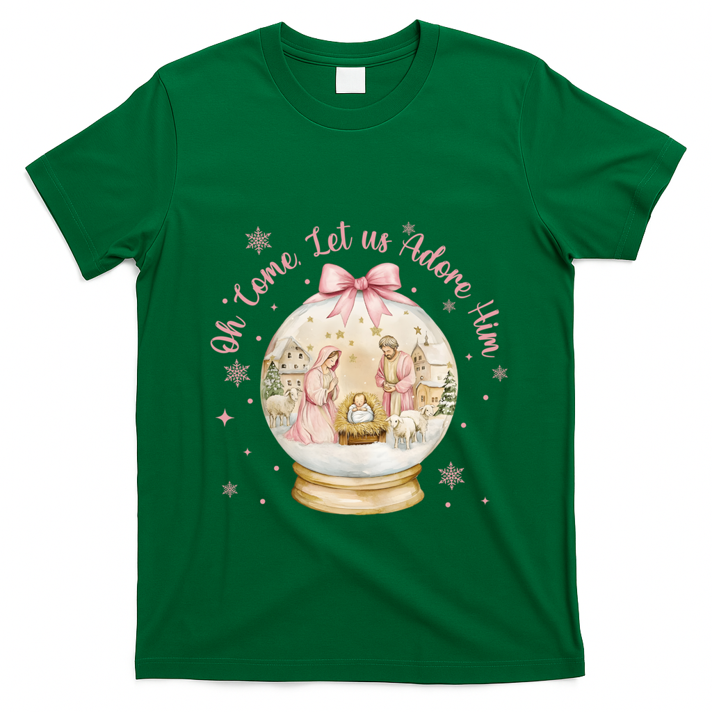 Oh Come Let Us Adore Him Jesus Nativity Scene Coquette Bow Gift T-Shirt - Irish Green