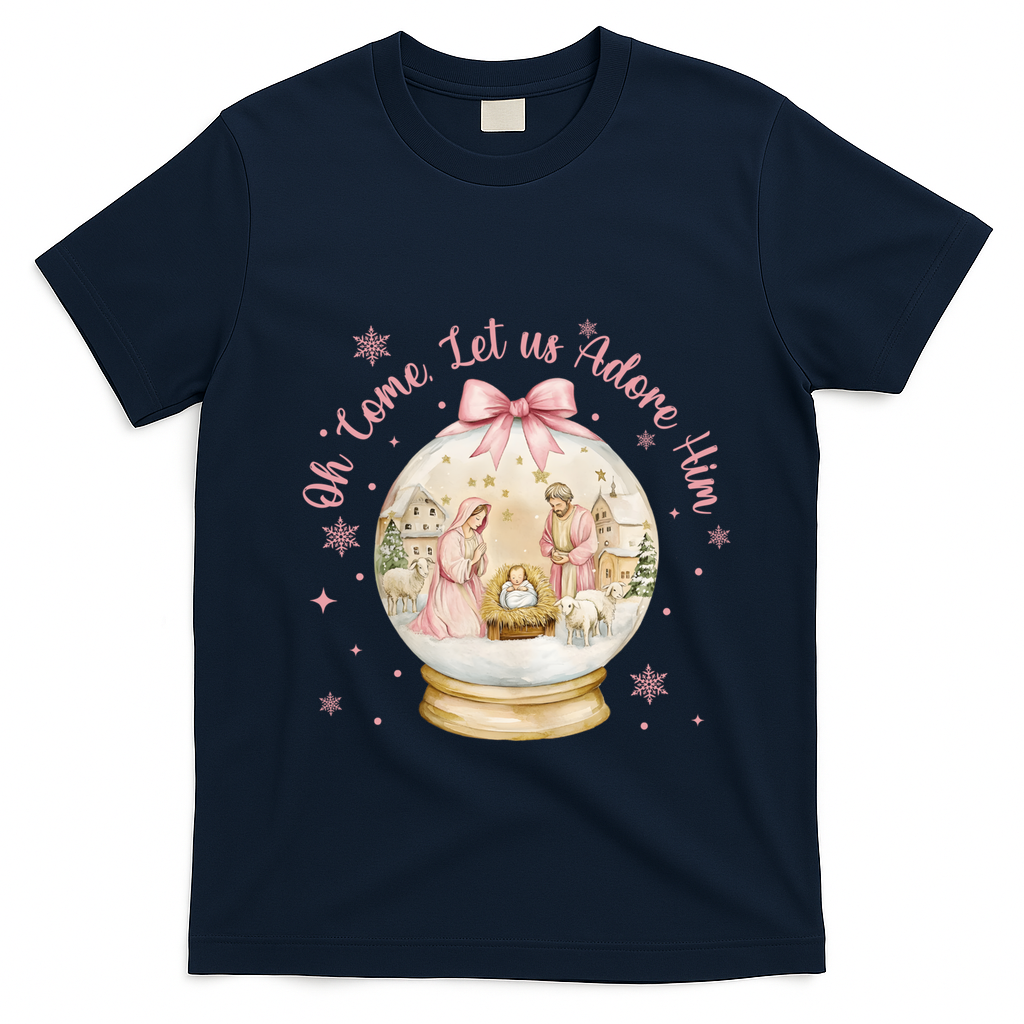 Oh Come Let Us Adore Him Jesus Nativity Scene Coquette Bow Gift T-Shirt - Navy Blue