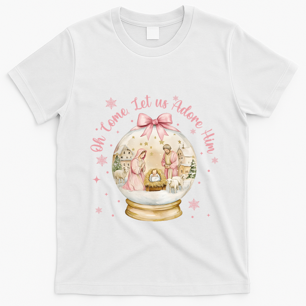 Oh Come Let Us Adore Him Jesus Nativity Scene Coquette Bow Gift T-Shirt - White