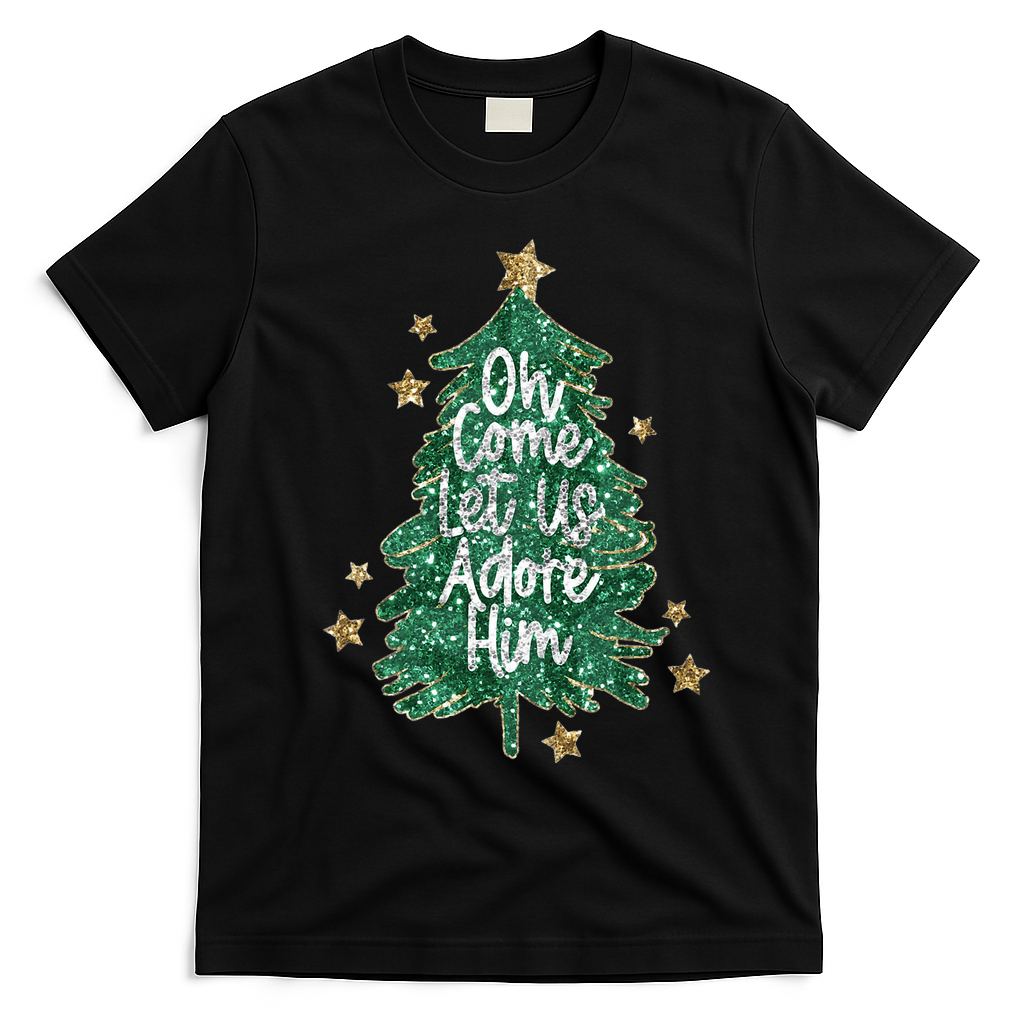 Oh Come Let Us Adore Him Christian Jesus Christmas T-Shirt - Black