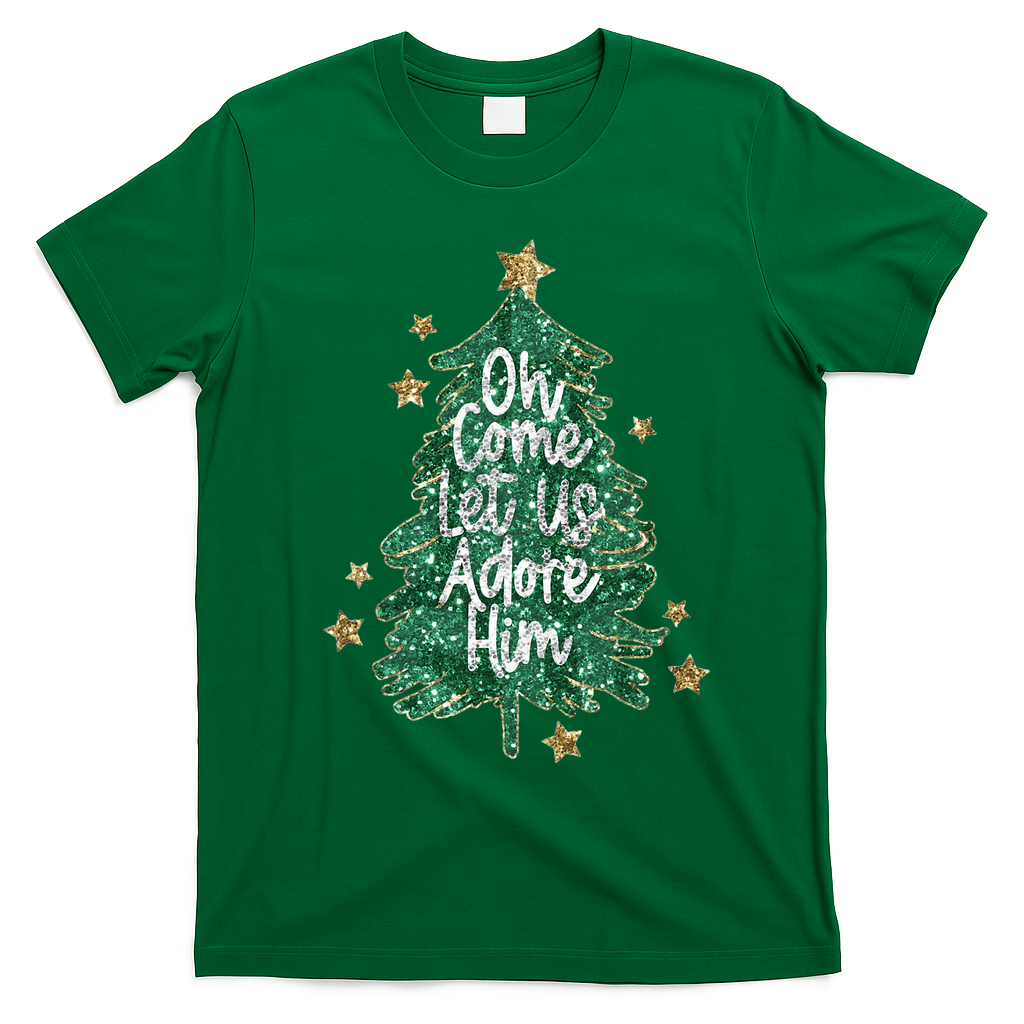 Oh Come Let Us Adore Him Christian Jesus Christmas T-Shirt - Irish Green