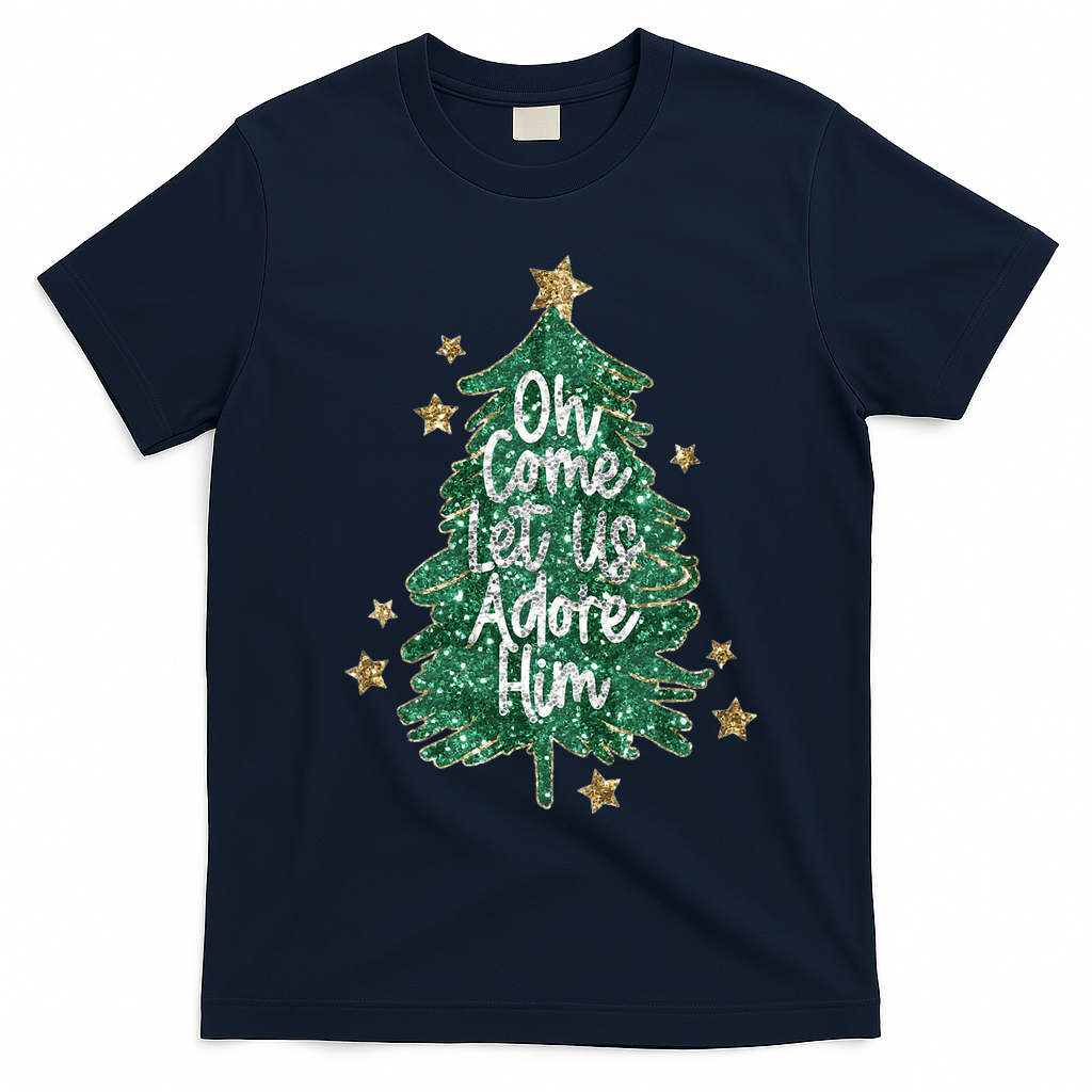 Oh Come Let Us Adore Him Christian Jesus Christmas T-Shirt - Navy Blue