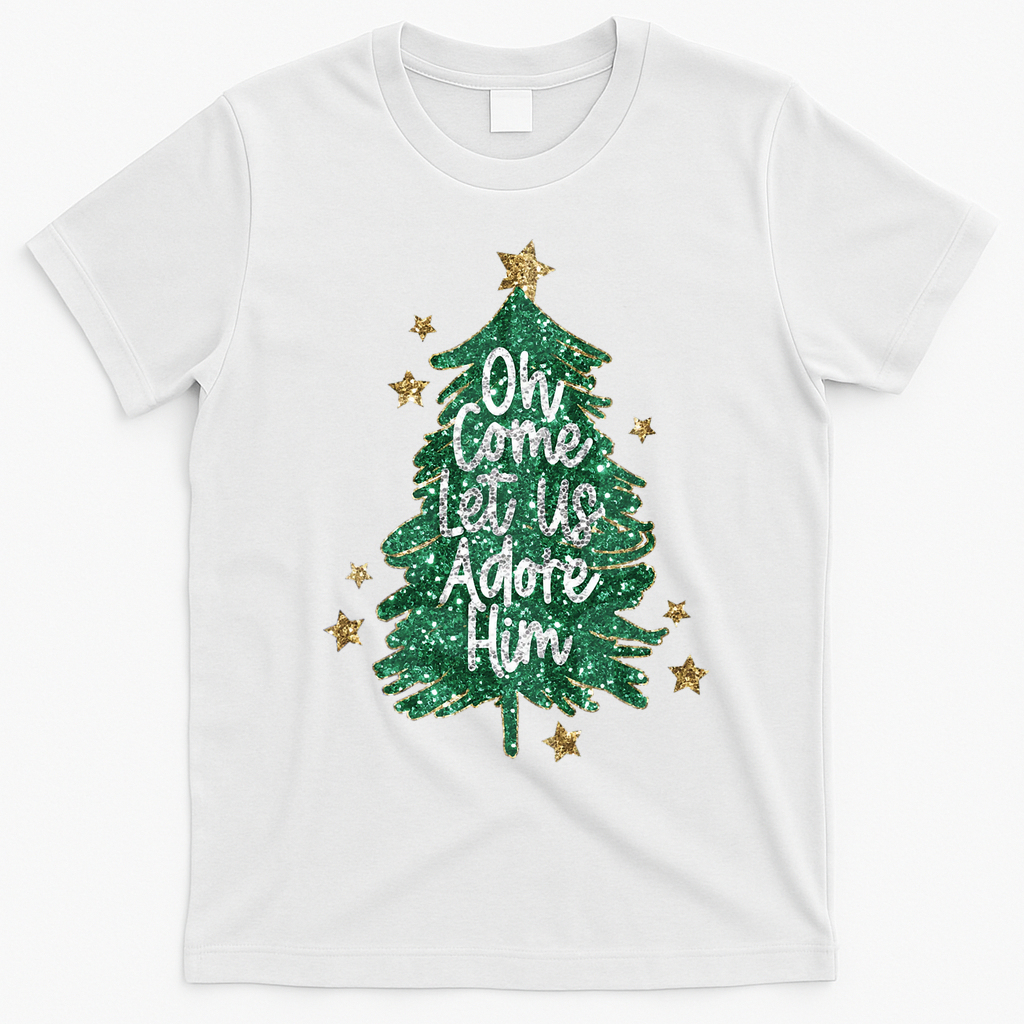 Oh Come Let Us Adore Him Christian Jesus Christmas T-Shirt - White