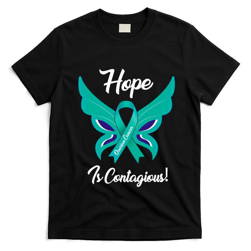 Ovarian Cancer Teal Ribbon Awareness Hope Butterfly Gift T-Shirt - Black