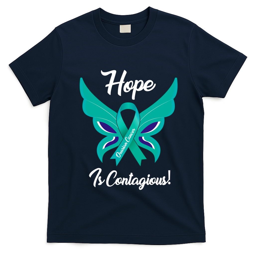 Ovarian Cancer Teal Ribbon Awareness Hope Butterfly Gift T-Shirt - Navy Blue
