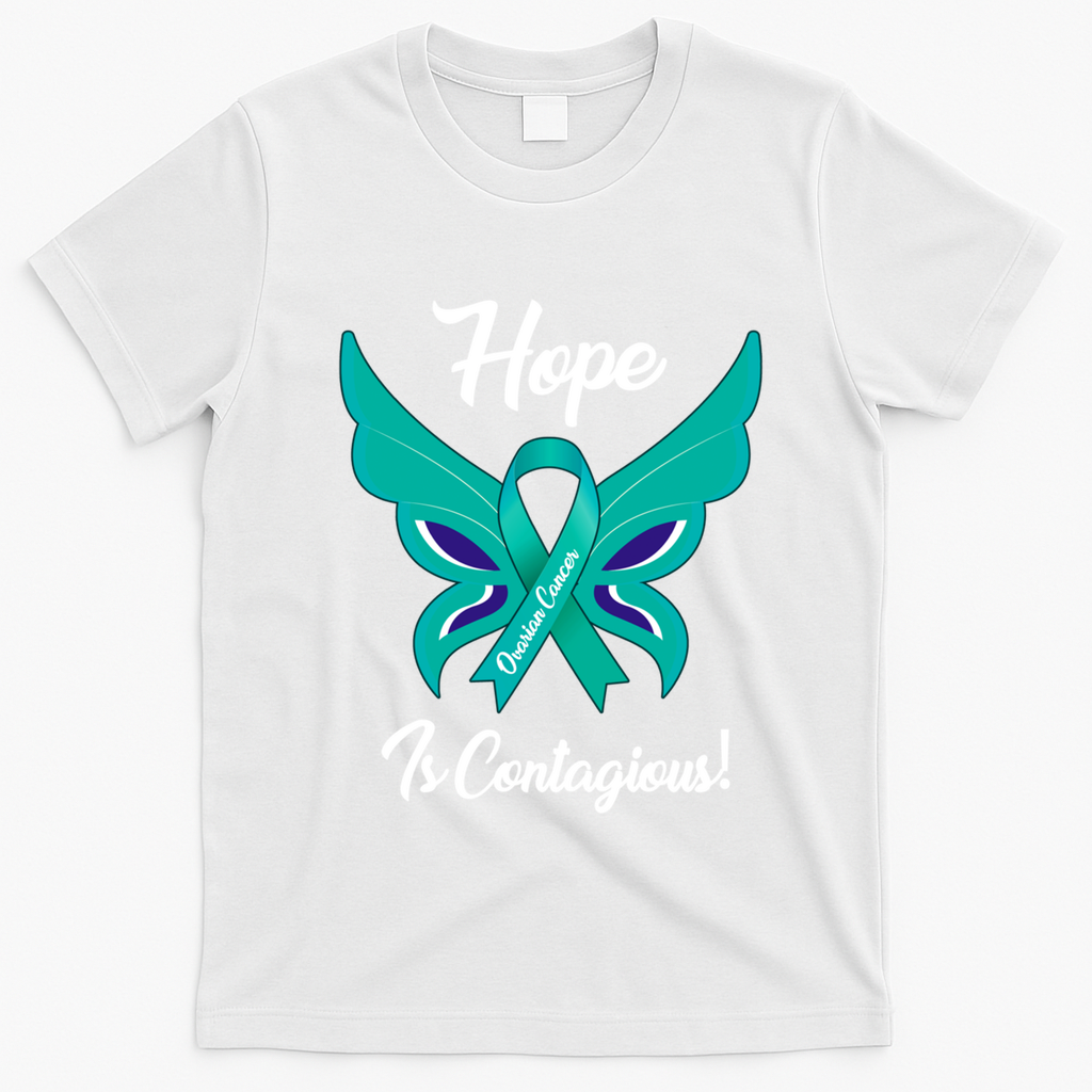 Ovarian Cancer Teal Ribbon Awareness Hope Butterfly Gift T-Shirt - White