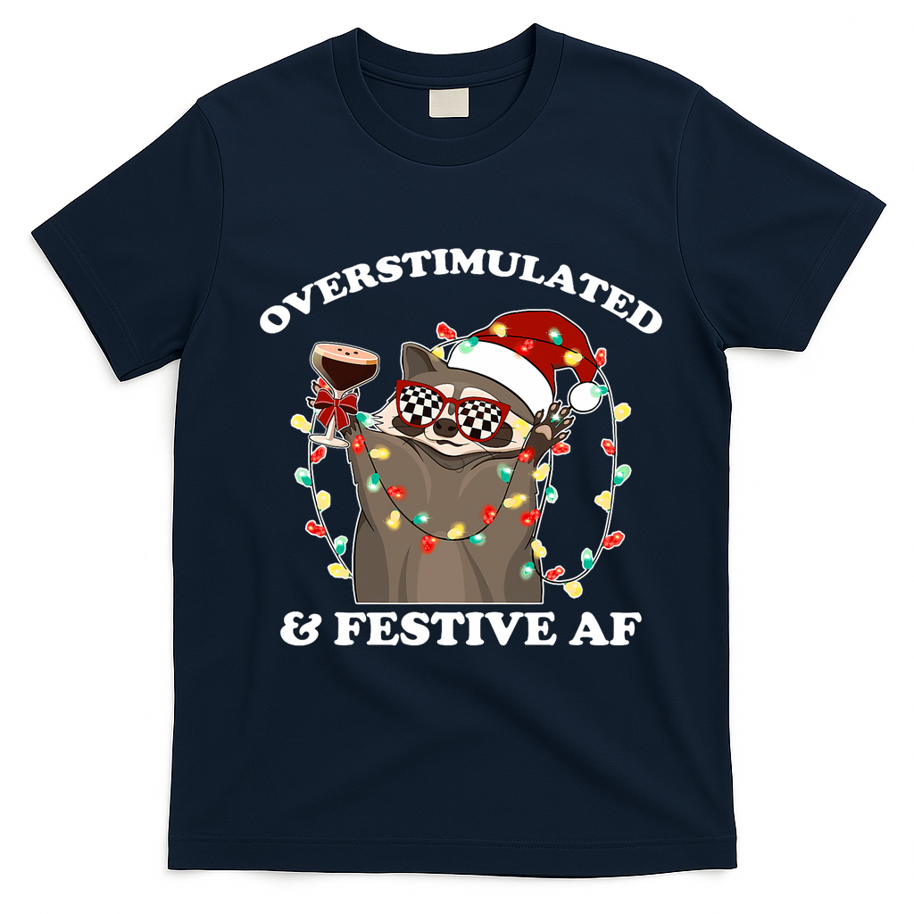 Overstimulated & Festive Af Raccoon Christmas Design T-Shirt - Navy Blue