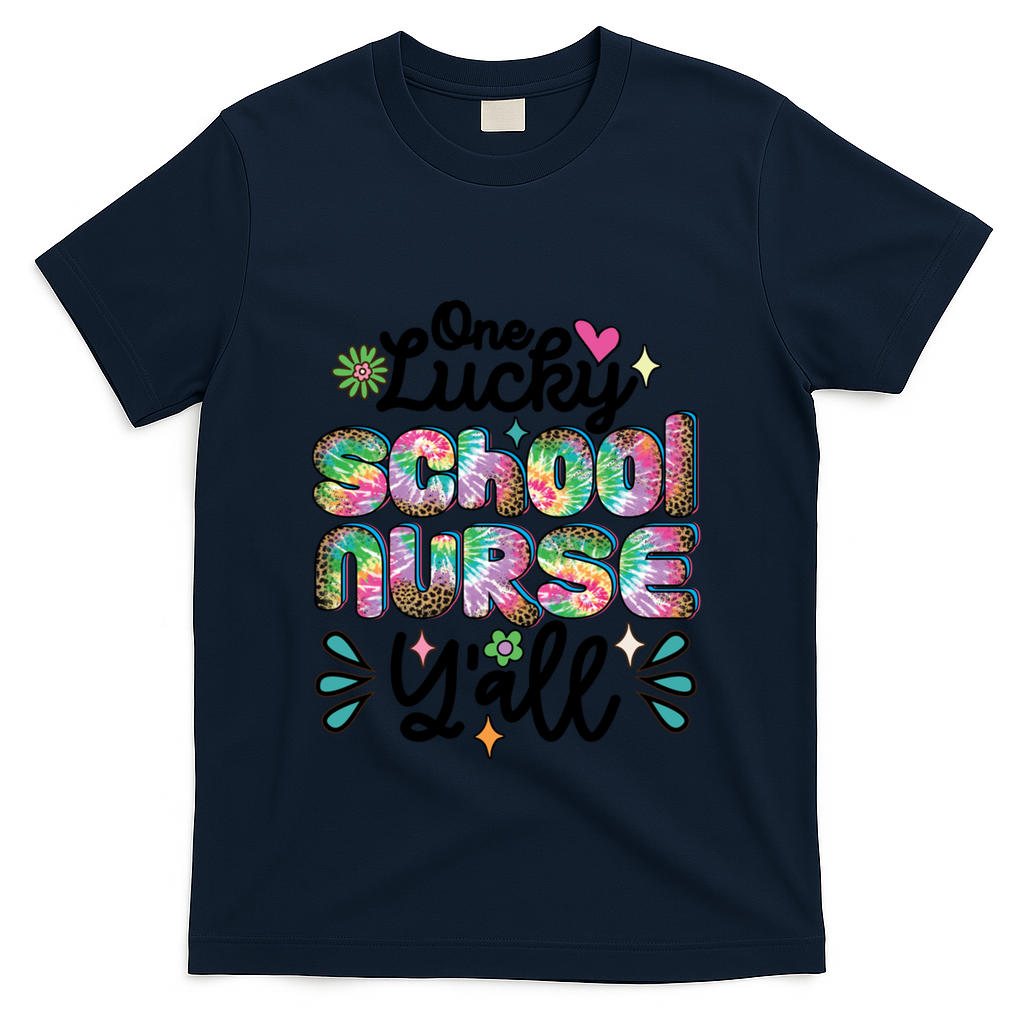 One Lucky School Nurse YAll Leopard Tie Dye Back To School Funny Gift T-Shirt - Navy