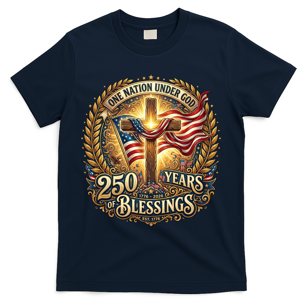 One Nation Under God 250 Years Of Blessings EST 1776 Vintage Gold Emblem T-Shirt - Navy