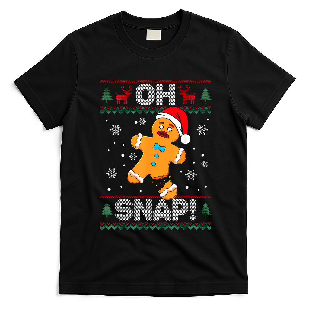 Oh Snap Gingerbread Man Cookie Christmas Funny Ugly Sweater T-Shirt - Black