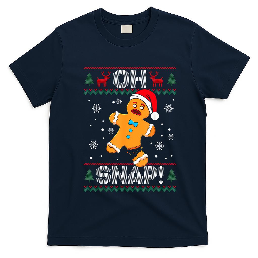 Oh Snap Gingerbread Man Cookie Christmas Funny Ugly Sweater T-Shirt - Navy Blue
