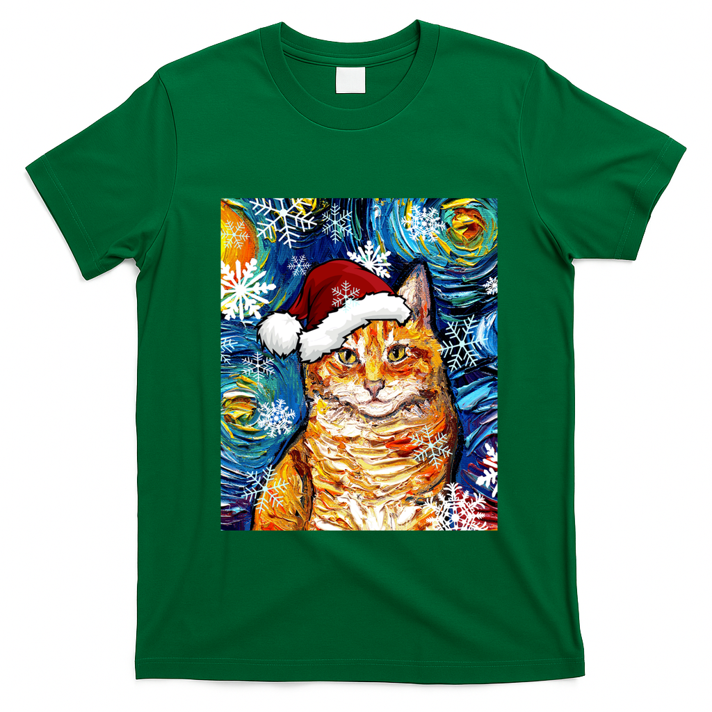 Orange Tabby Cat Santa Starry Night Christmas Art By Aja Funny Gift T-Shirt - Irish Green
