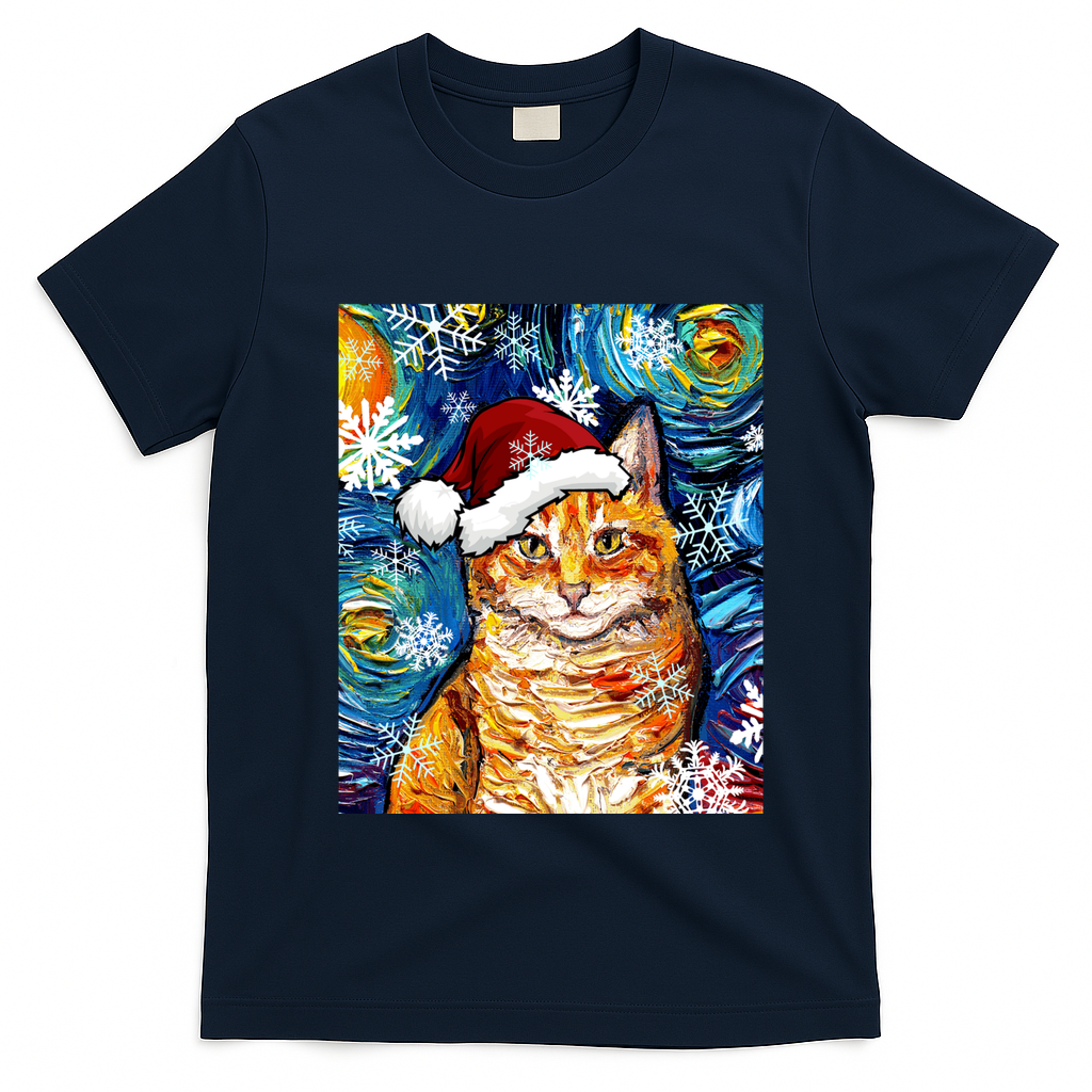 Orange Tabby Cat Santa Starry Night Christmas Art By Aja Funny Gift T-Shirt - Navy Blue
