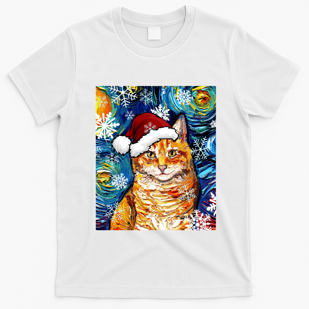 Orange Tabby Cat Santa Starry Night Christmas Art By Aja Funny Gift T-Shirt - White