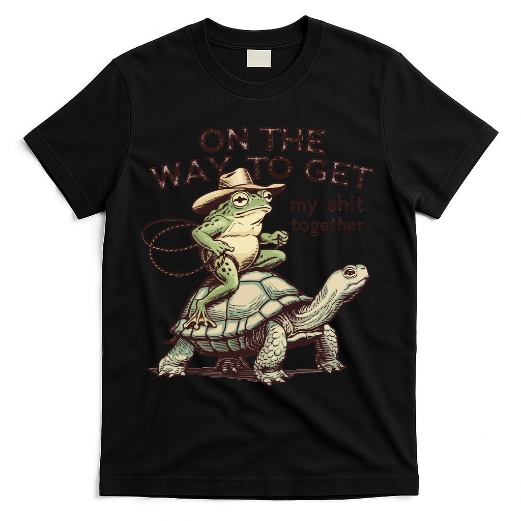 On The Way To Get My Shit Togther Cowboy Frog Turtle T-Shirt - Black