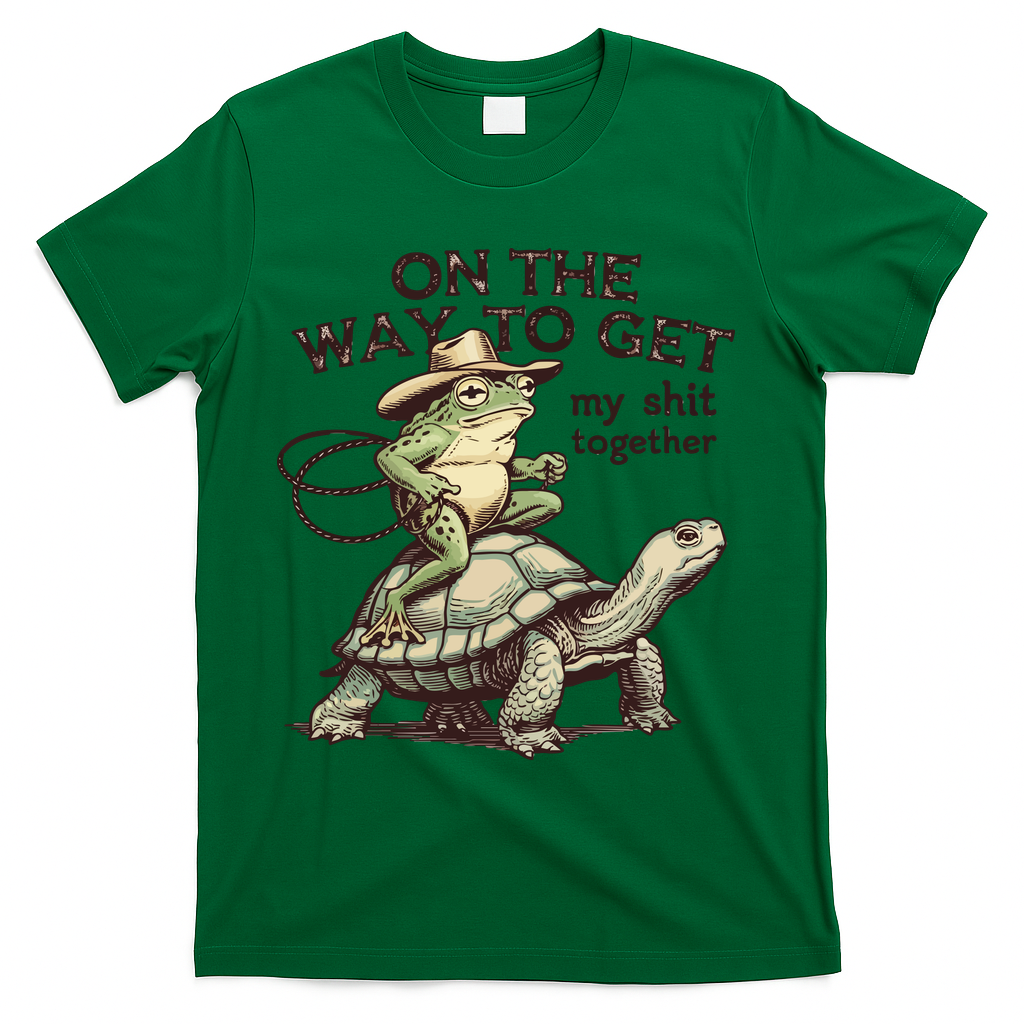 On The Way To Get My Shit Togther Cowboy Frog Turtle T-Shirt - Green