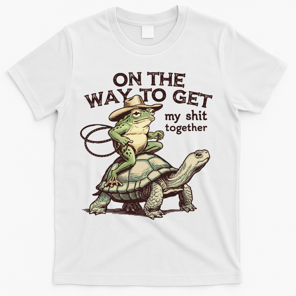 On The Way To Get My Shit Togther Cowboy Frog Turtle T-Shirt - White