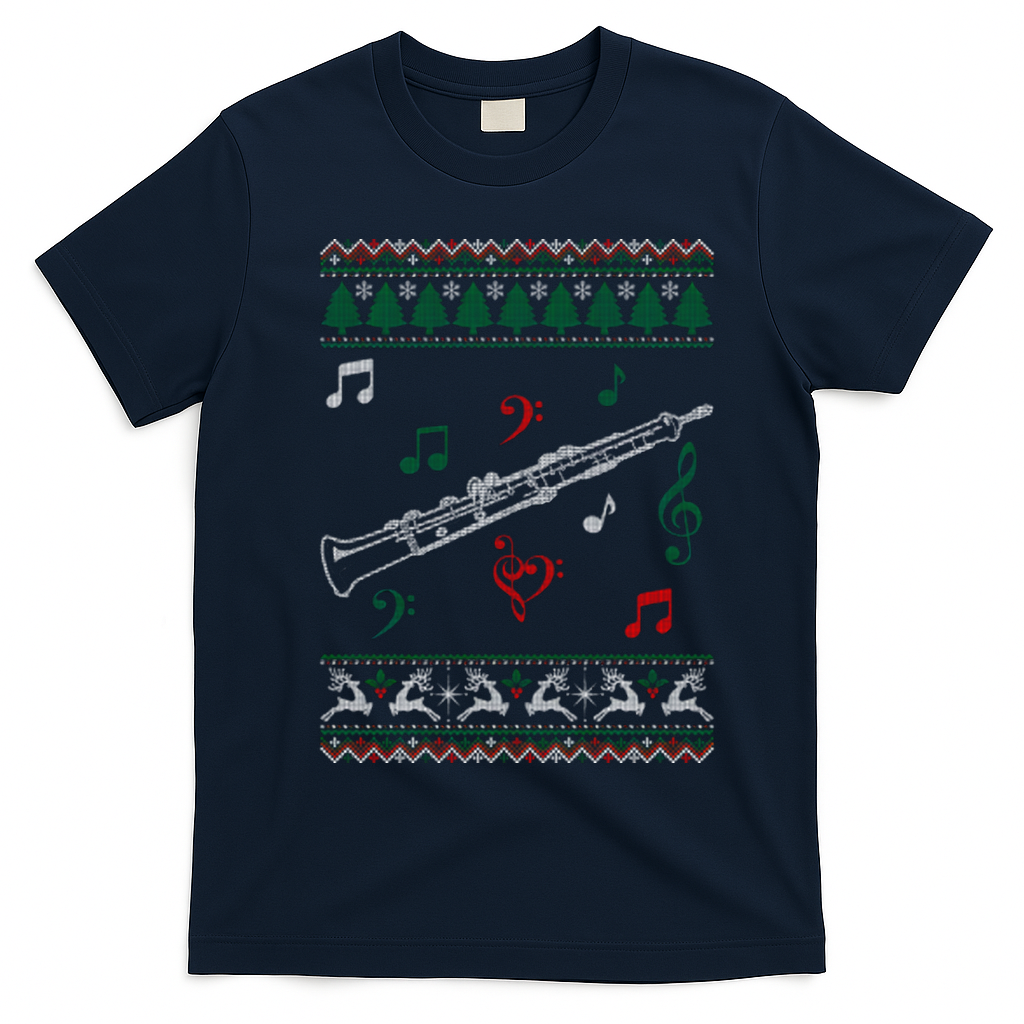 Oboe Ugly Christmas Sweater T-Shirt - Navy Blue