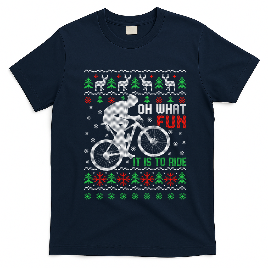 Oh What Fun It Is To Ride Bicycle Cyclist Ugly Christmas Great Gift T-Shirt - Navy Blue