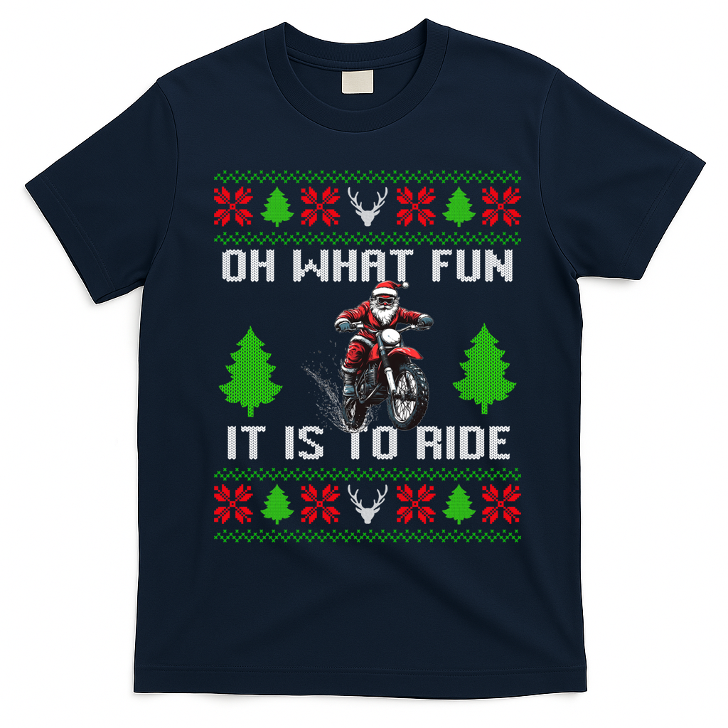 Oh What Fun It Is To Ride Motorcycle Santa Ugly Christmas T-Shirt - Navy Blue