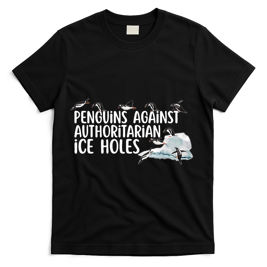 Penguins Against Authoritarian Ice Holes Sarcastic T-Shirt - Black
