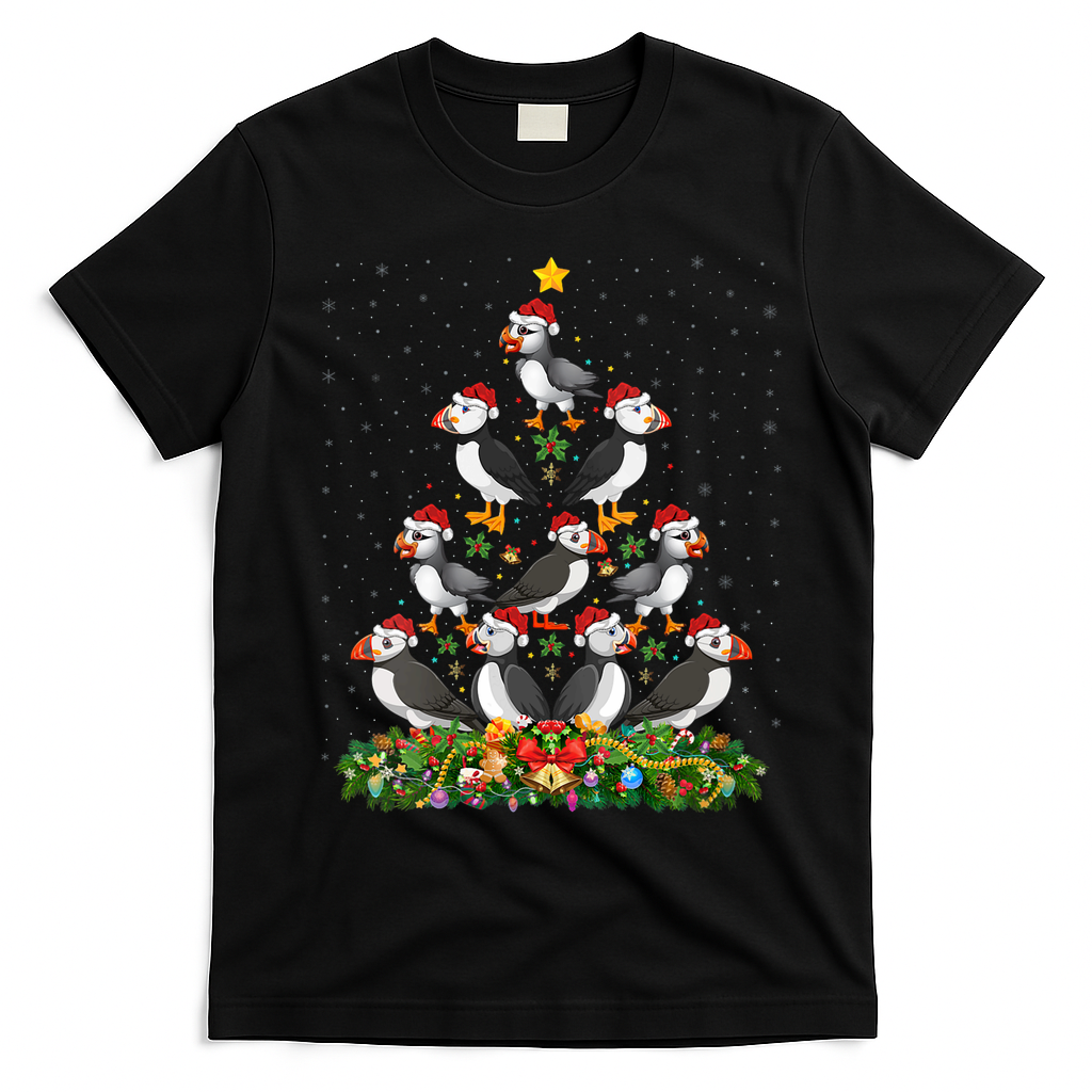 Puffin Bird Xmas Tree Gift Santa Hat Puffin Christmas Vneck T-Shirt - Black