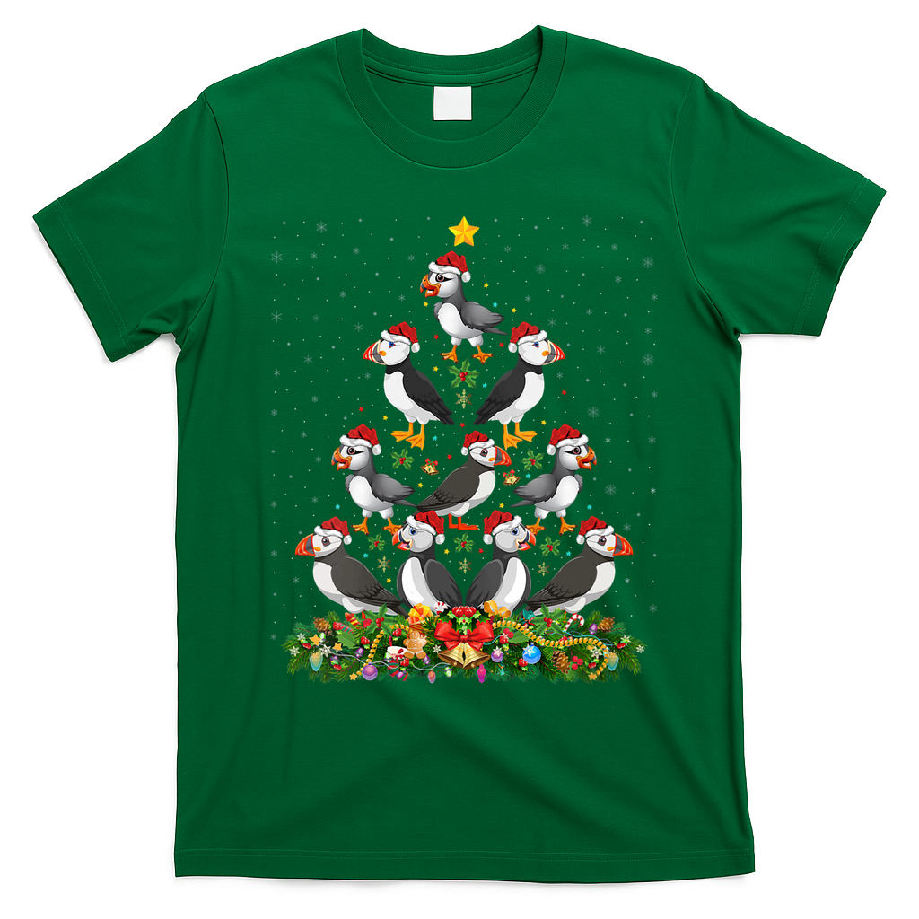 Puffin Bird Xmas Tree Gift Santa Hat Puffin Christmas Vneck T-Shirt - Irish Green