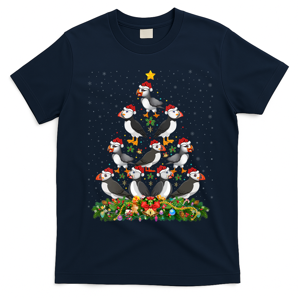 Puffin Bird Xmas Tree Gift Santa Hat Puffin Christmas Vneck T-Shirt - Navy Blue
