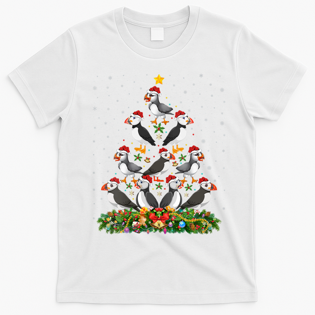 Puffin Bird Xmas Tree Gift Santa Hat Puffin Christmas Vneck T-Shirt - White