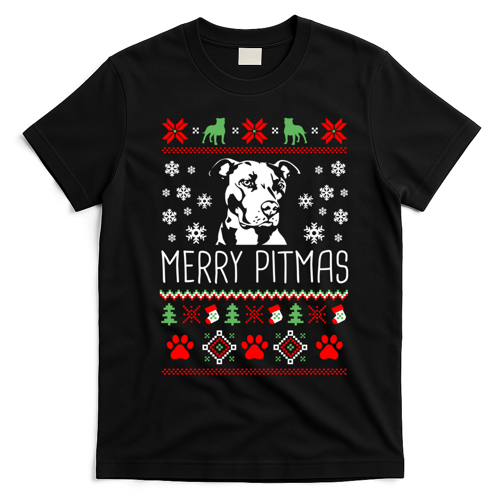 Pitbull Christmas Lovers Merry Pitmas Ugly Christmas Gift T-Shirt - Black