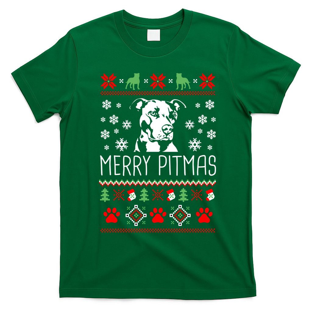 Pitbull Christmas Lovers Merry Pitmas Ugly Christmas Gift T-Shirt - Irish Green