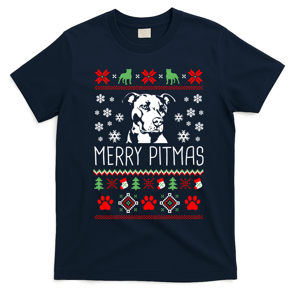 Pitbull Christmas Lovers Merry Pitmas Ugly Christmas Gift T-Shirt - Navy Blue