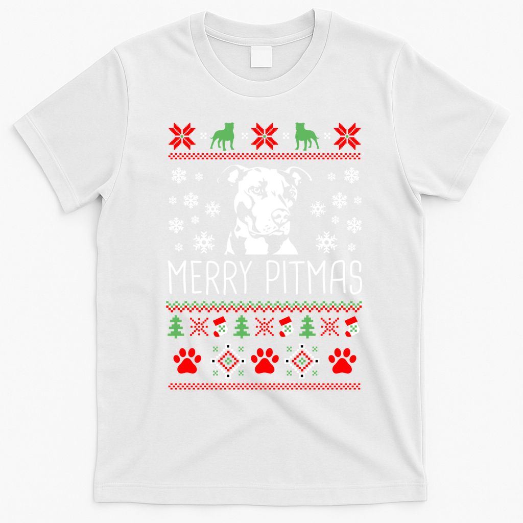 Pitbull Christmas Lovers Merry Pitmas Ugly Christmas Gift T-Shirt - White