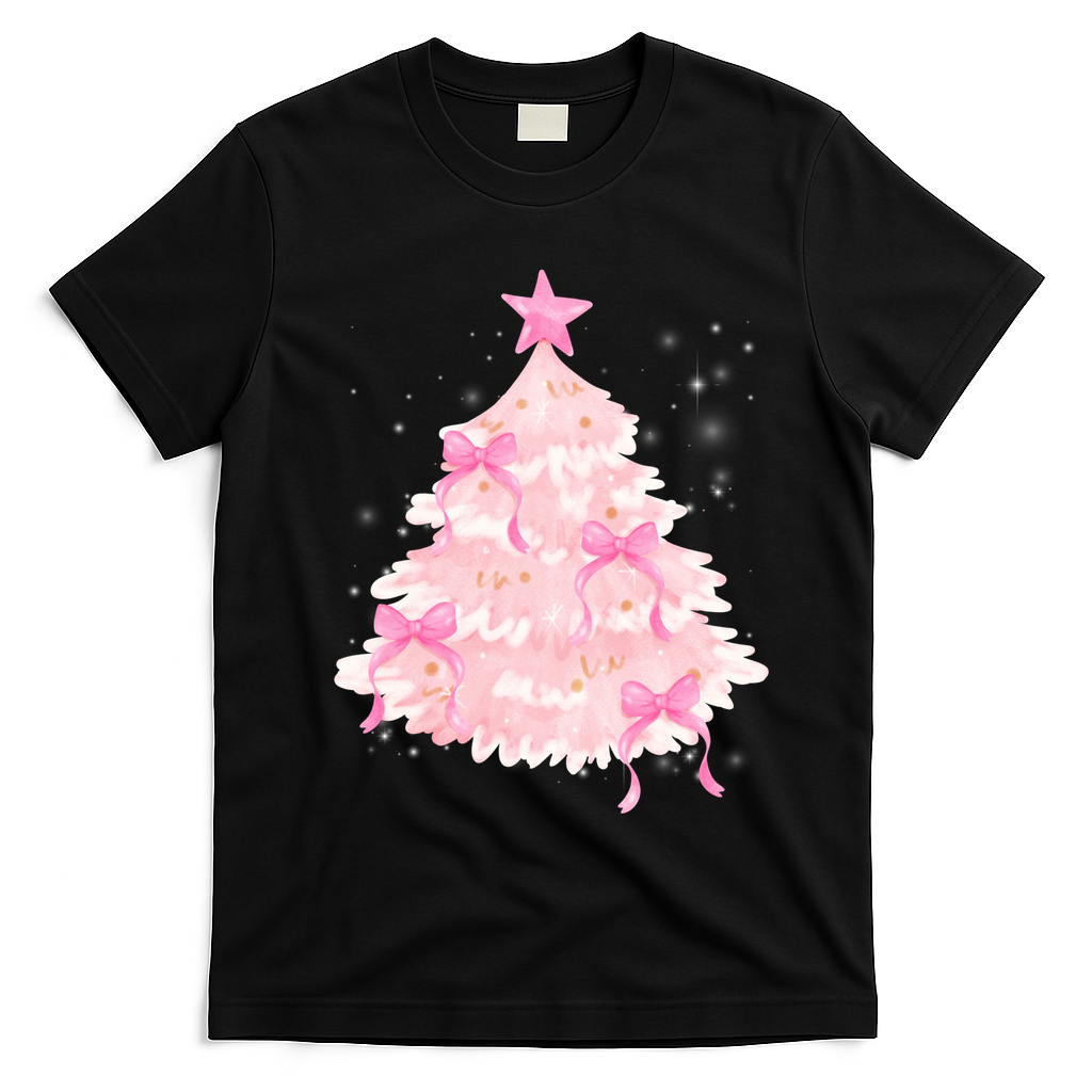 Pink Christmas Tree Bow Cute Holiday T-Shirt - Black