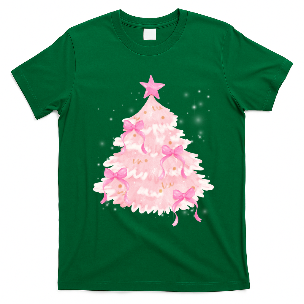 Pink Christmas Tree Bow Cute Holiday T-Shirt - Irish Green