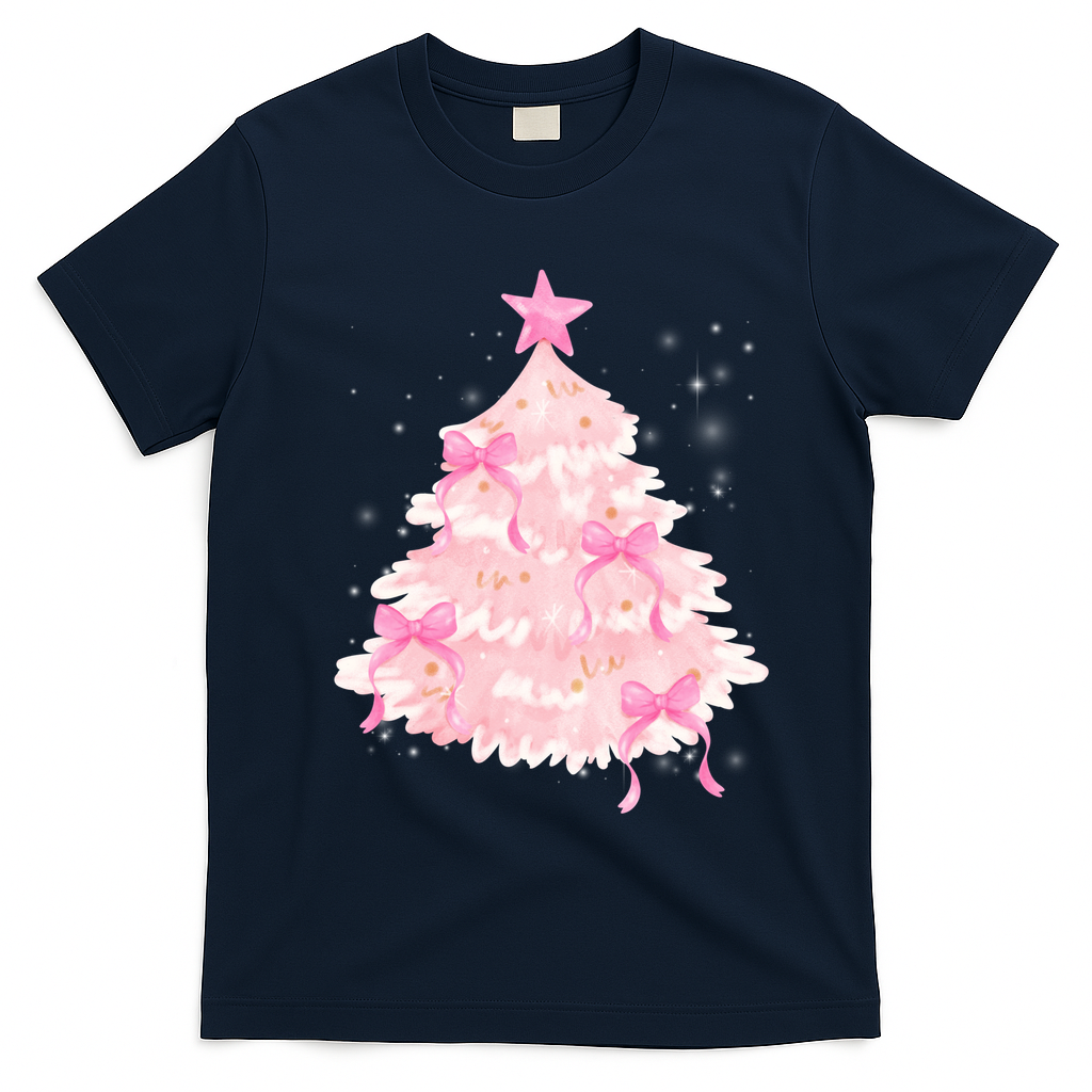 Pink Christmas Tree Bow Cute Holiday T-Shirt - Navy Blue