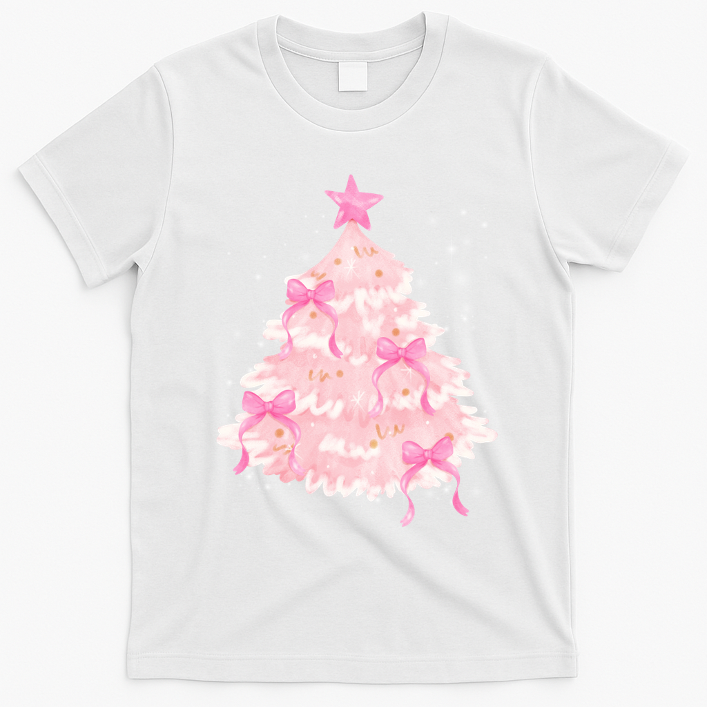 Pink Christmas Tree Bow Cute Holiday T-Shirt - White