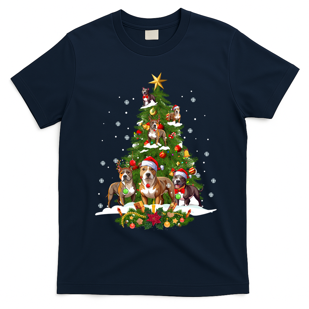 Pitbull Christmas Tree Pitbull Dog Xmas Party Great Gift T-Shirt - Navy Blue