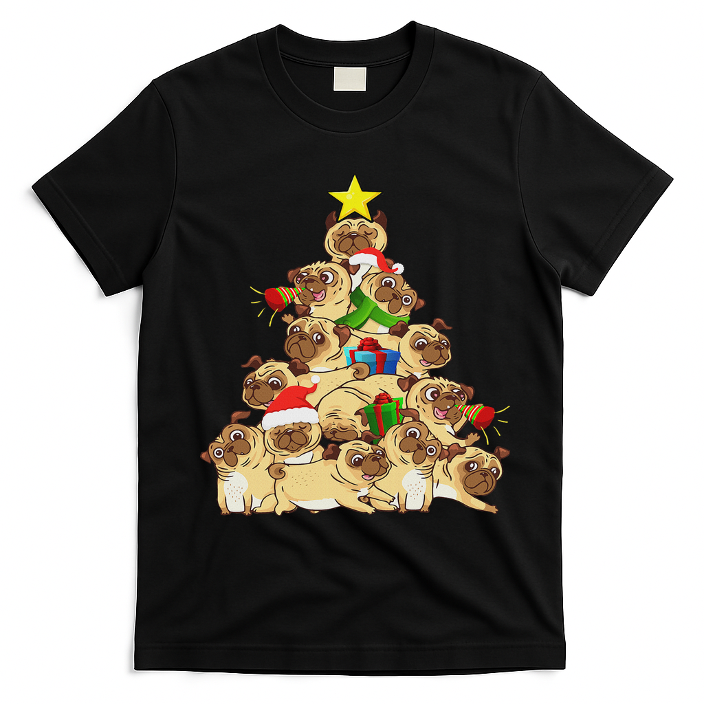 Pug Dogs Tree Christmas Sweater Xmas Pet Animal Dog Gifts T-Shirt - Black