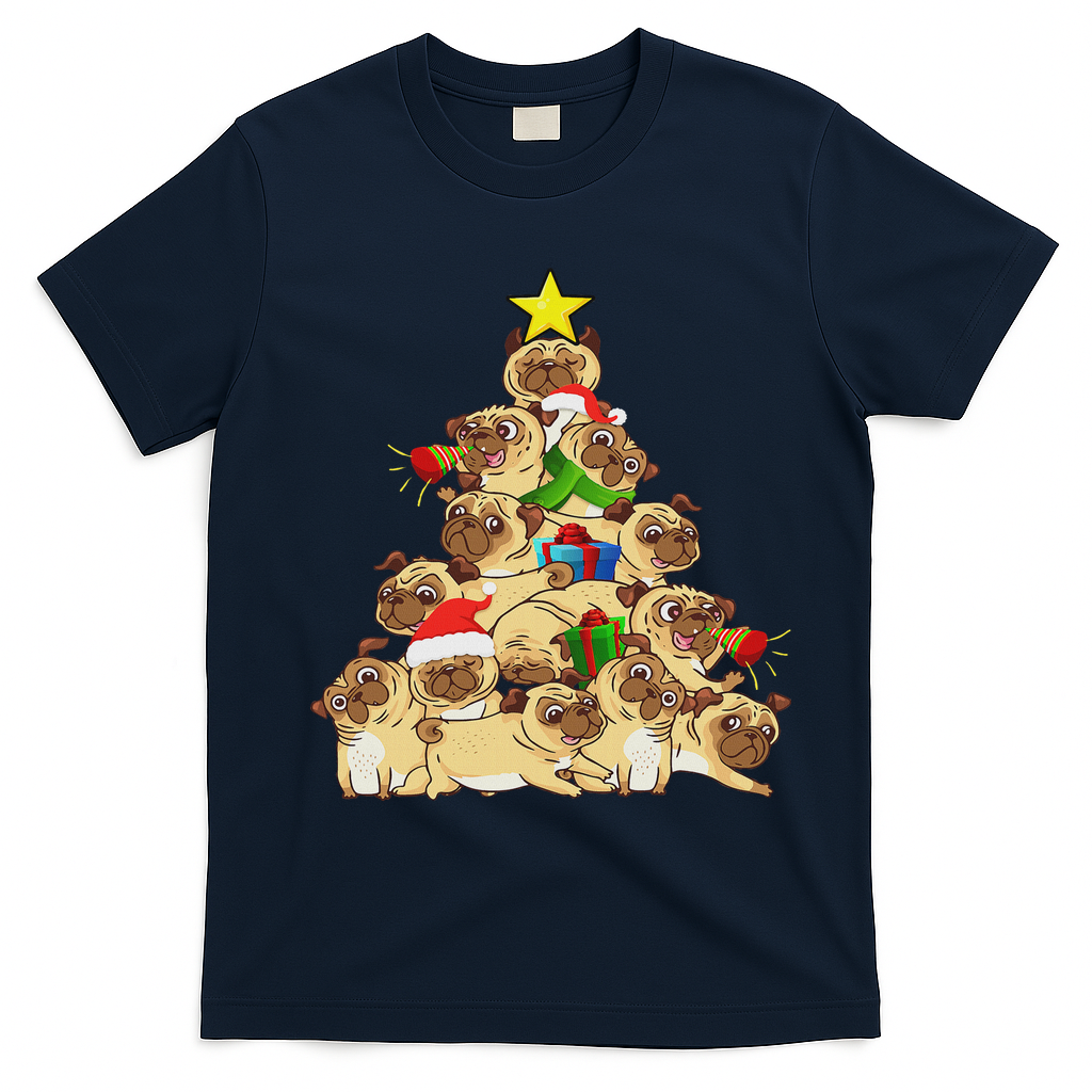 Pug Dogs Tree Christmas Sweater Xmas Pet Animal Dog Gifts T-Shirt - Navy Blue