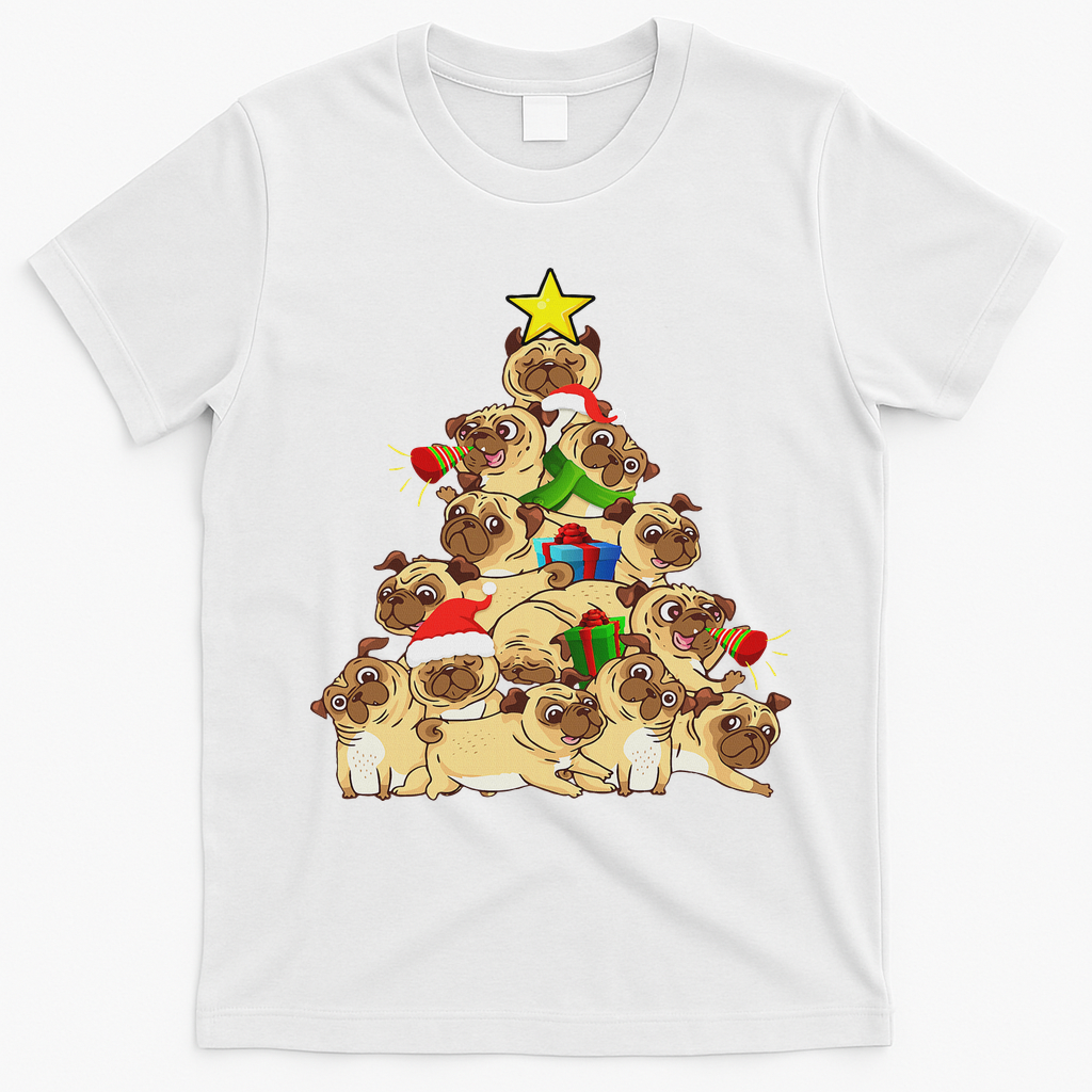Pug Dogs Tree Christmas Sweater Xmas Pet Animal Dog Gifts T-Shirt - White
